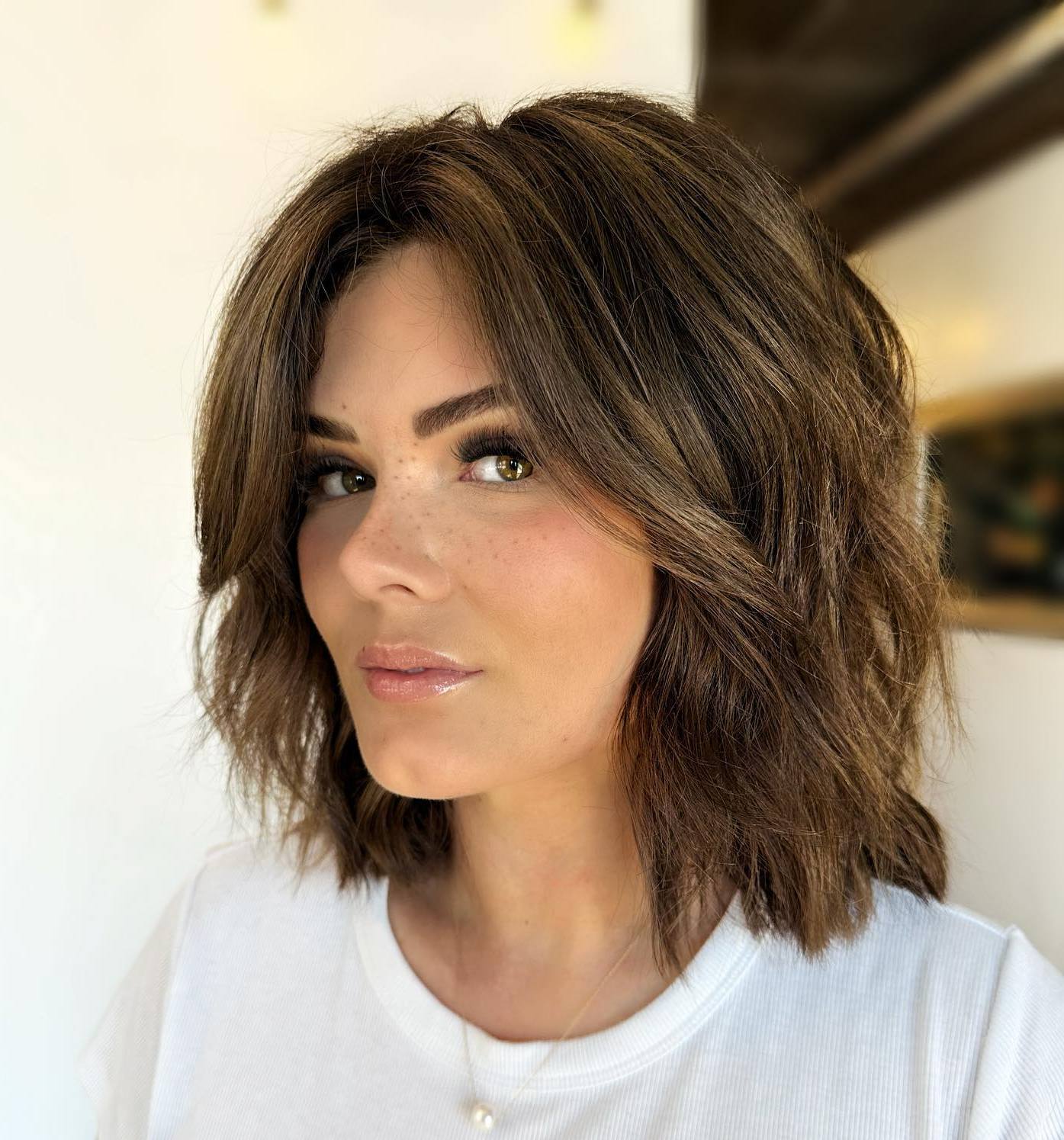 Choppy Dark Brown Bob With Face-Framing Bangs — Classy Shoulder Length Bob