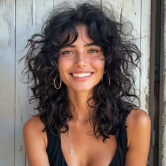 Shoulder Length Curly Shag With Wispy Bangs Shoulder Length Curly Shag With Wispy Bangs — Classy Shoulder Length Curly Hair