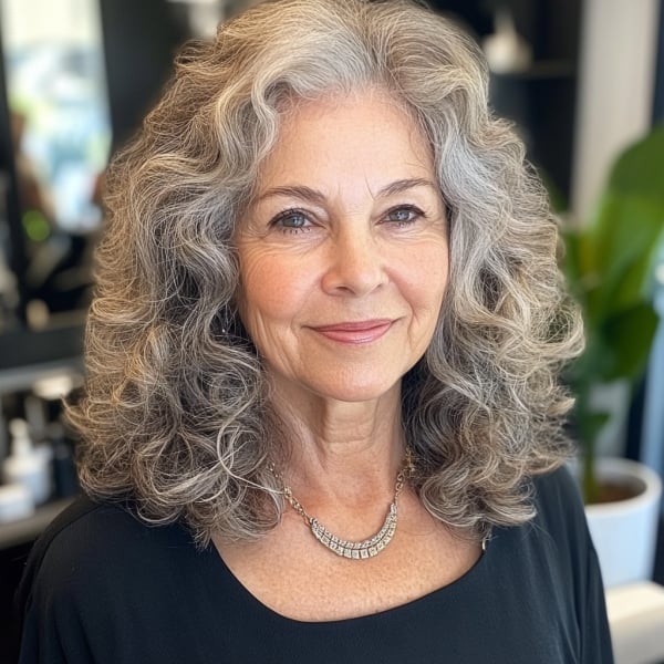 Collarbone Wavy-Curly With Gray Highlights Collarbone Wavy-Curly With Gray Highlights — Classy Shoulder Length Curly Hair
