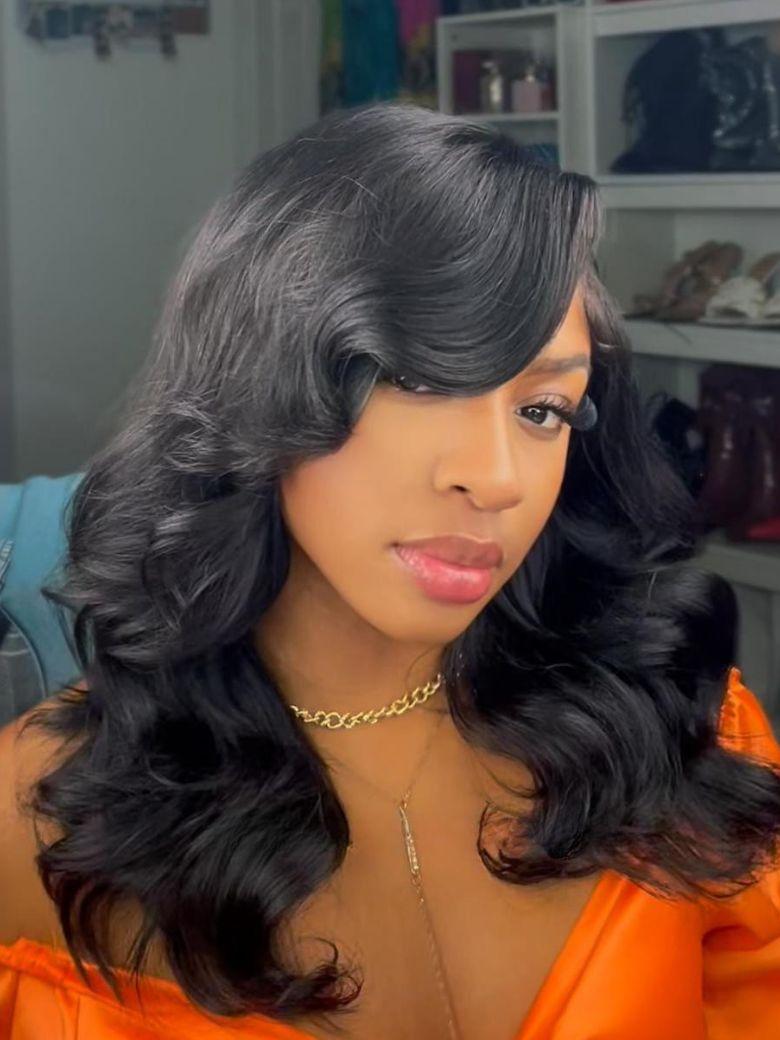 Thick Jet Black Layered Cut — Classy Side Part Wig