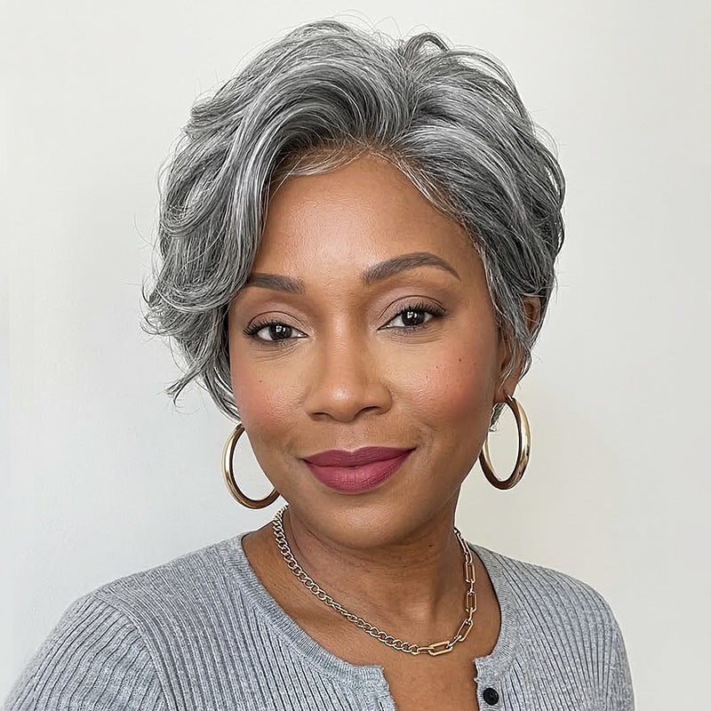 Salt and Pepper Pixie With Swept Bangs — Classy Side Part Wig