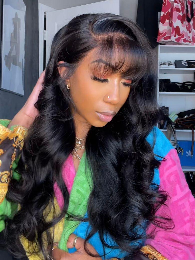 Thick Wavy Wig With Wispy Bangs — Classy Side Part Wig