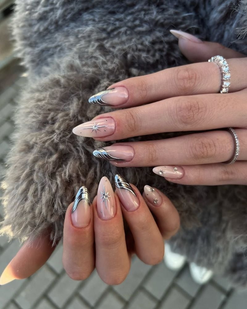 Silver French Tip Sheer Nude Almond Nails Silver French Tip Sheer Nude Almond Nails — Classy Silver Chrome Nails