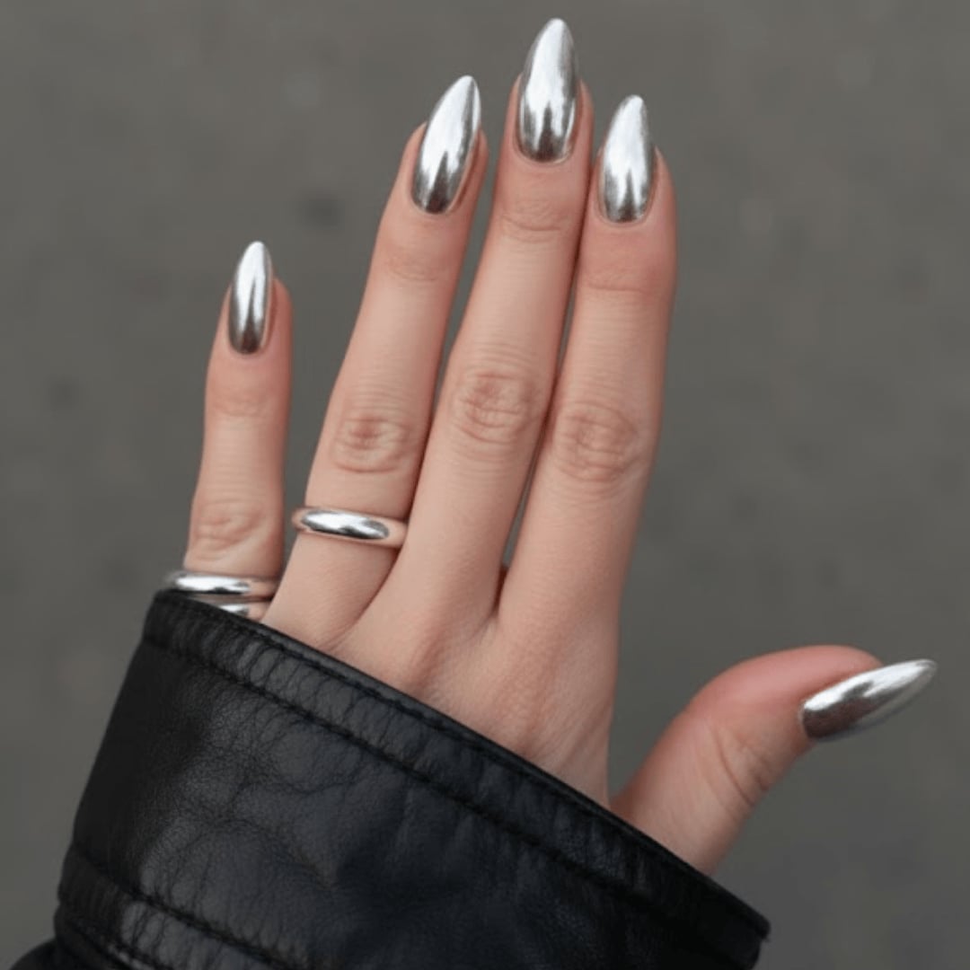 Highly Reflective Silver Chrome Medium Almond Nails Highly Reflective Silver Chrome Medium Almond Nails — Classy Silver Chrome Nails