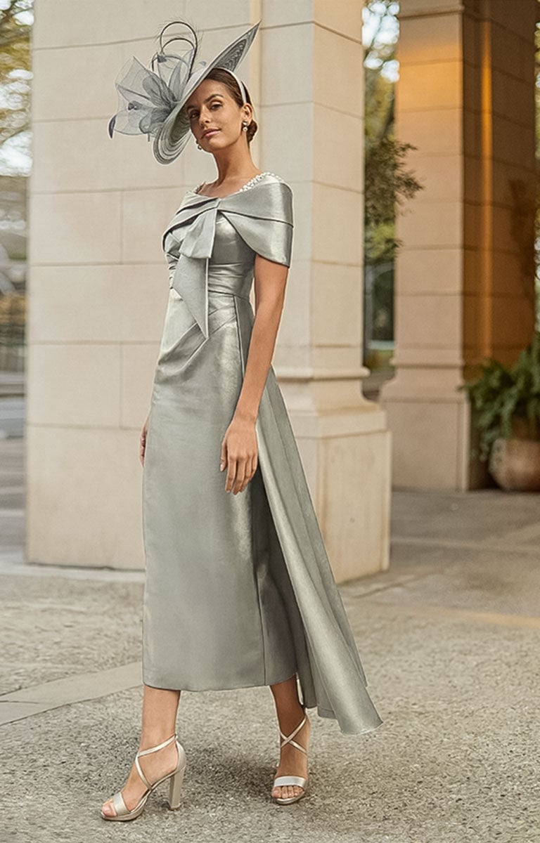 Silver Off-Shoulder Midi Dress With Bow Detail — Classy Silver Outfits