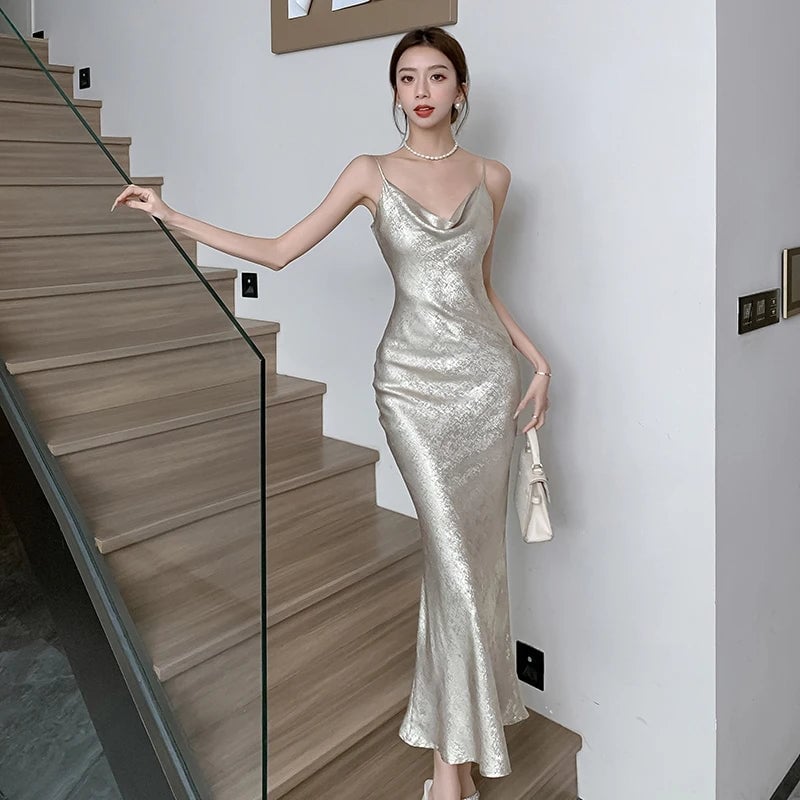Pale Silver Satin Slip Dress With Cowl Neckline — Classy Silver Outfits