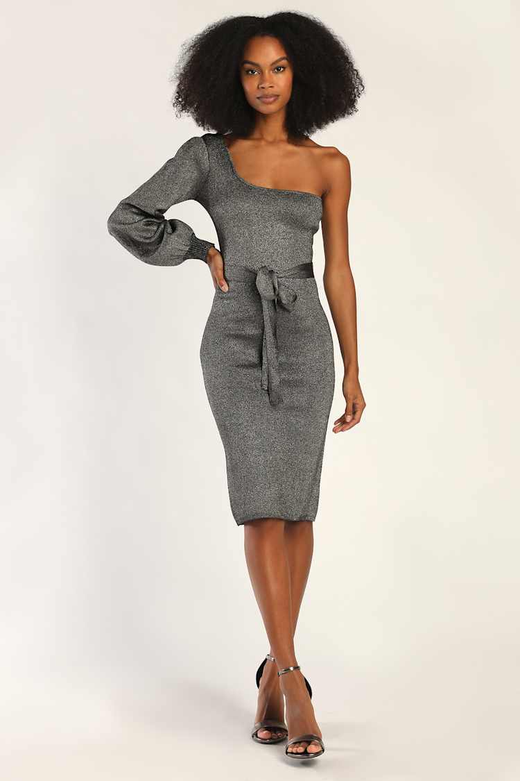 Silver Metallic One-Shoulder Dress With Puff Sleeve — Classy Silver Outfits