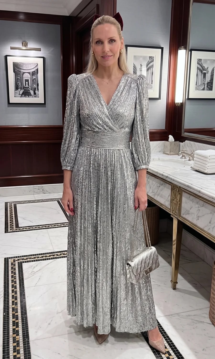 Pleated Metallic Silver Maxi Wrap Dress — Classy Silver Outfits