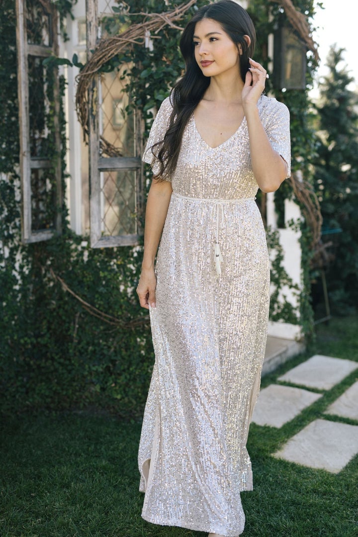 Silver Champagne Sequined A-Line Maxi Dress — Classy Silver Outfits