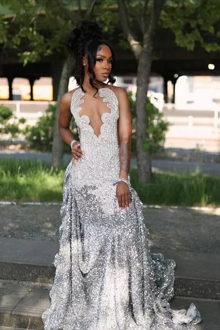 Silver Sequined Gown With Plunging Neckline — Classy Silver Outfits
