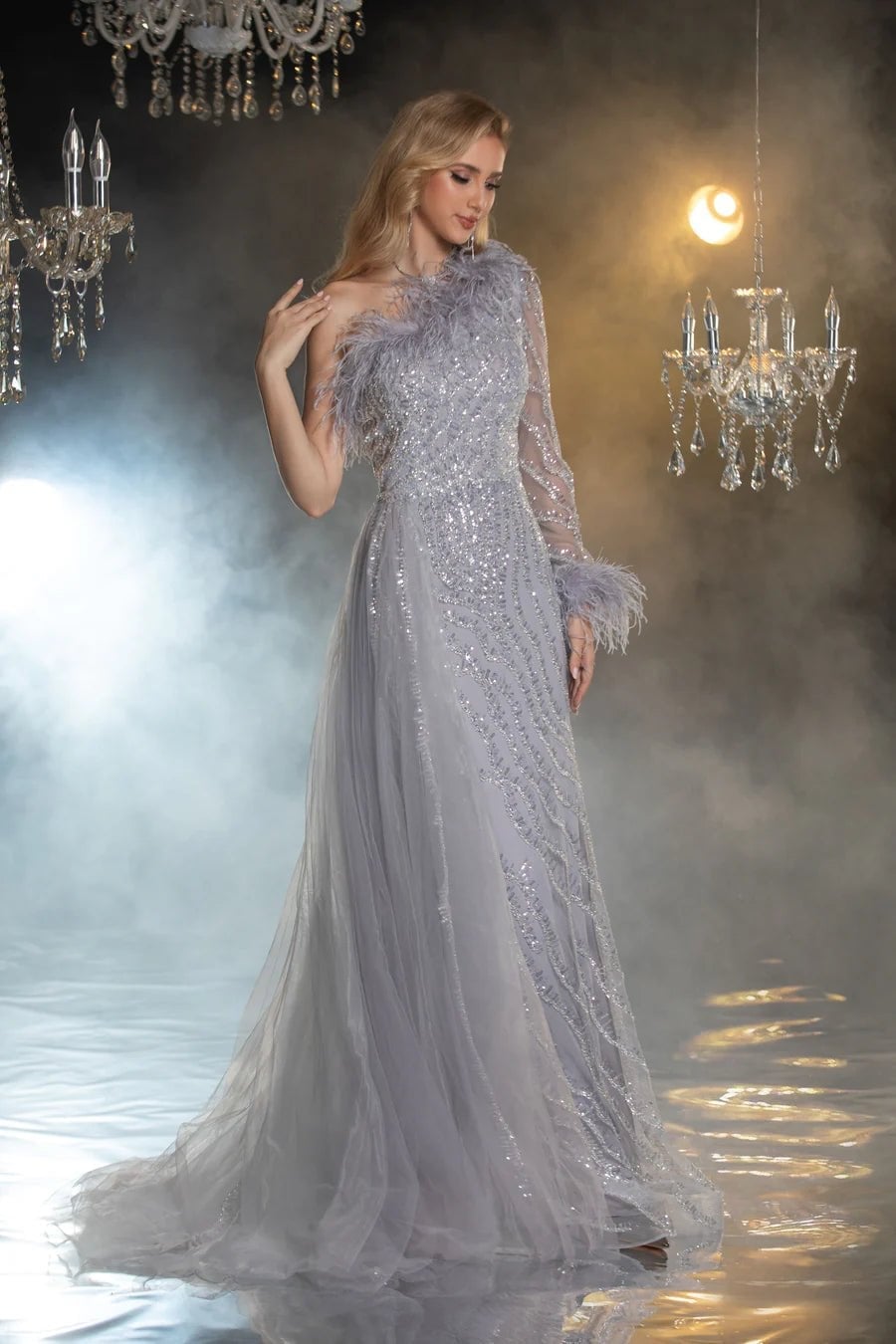 Light Silver Sequin Gown With Feather Accents — Classy Silver Outfits
