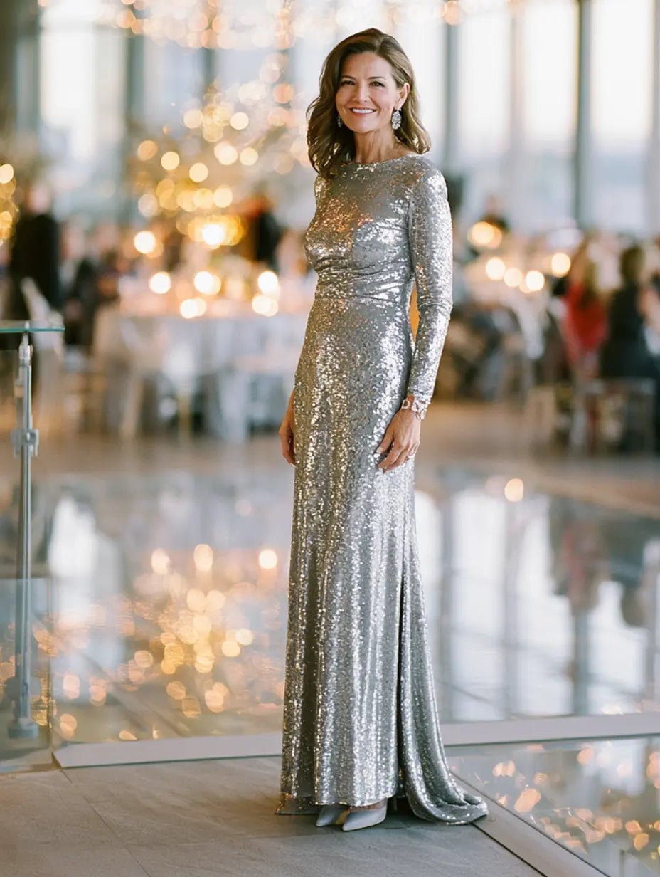 Full Length Silver Sequin Gown With Long Sleeves — Classy Silver Outfits