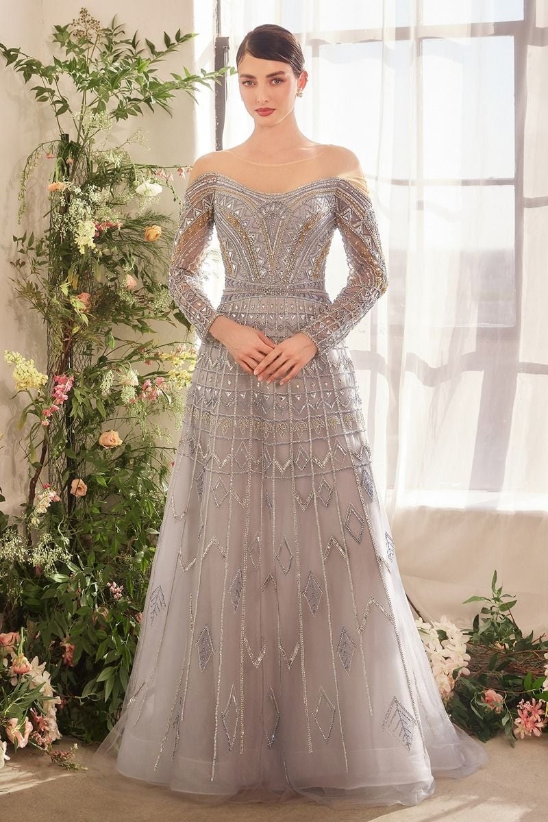 Light Silver Beaded A-Line Gown With Illusion Neckline — Classy Silver Outfits