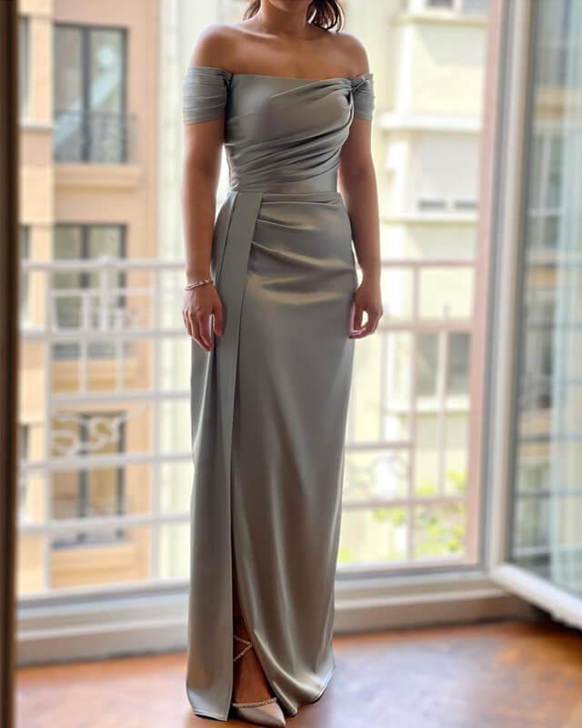 Silver Satin Off-Shoulder Dress With Draped Bodice — Classy Silver Outfits