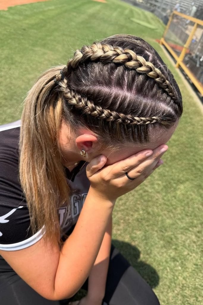 Dutch Braids Into Low Ponytail, Shoulder Dutch Braids Into Low Ponytail, Shoulder — Classy Softball Hair