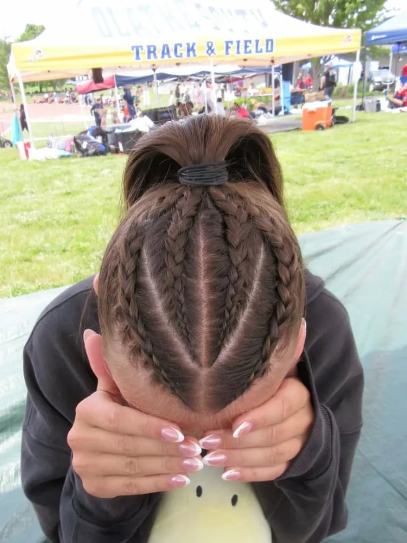 Intricate Braids Into High Bun, Mid-Back Intricate Braids Into High Bun, Mid-Back — Classy Softball Hair