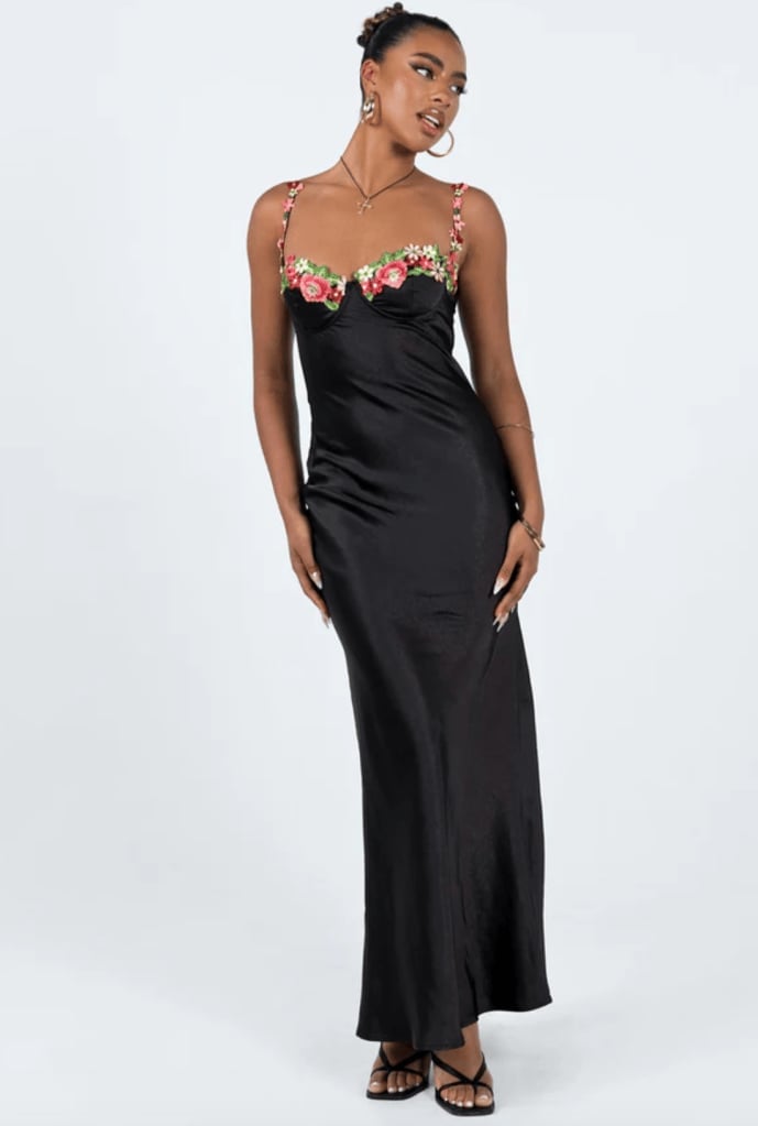 Black Satin Slip Dress with Embroidered Floral Straps — Classy Sorority Outfits