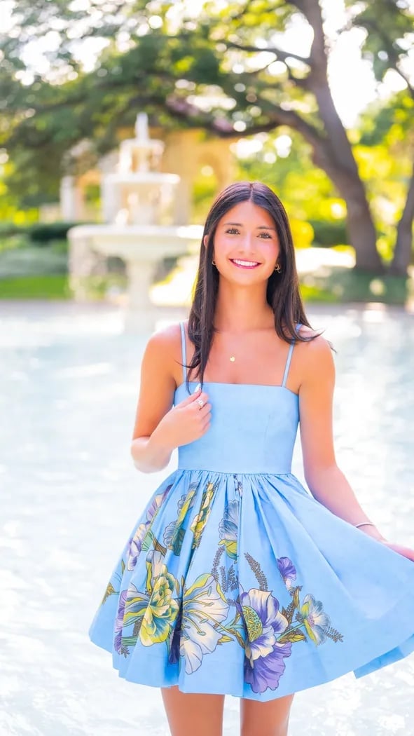 Light Blue Floral Puff Sleeve Mini Dress — Classy Sorority Outfits