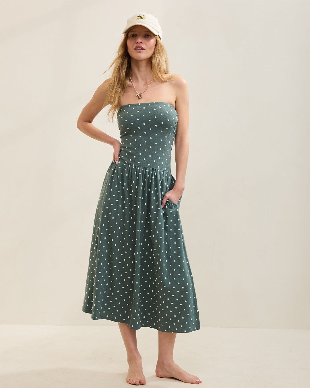 Green Polka Dot Strapless Midi Dress — Classy Sorority Outfits