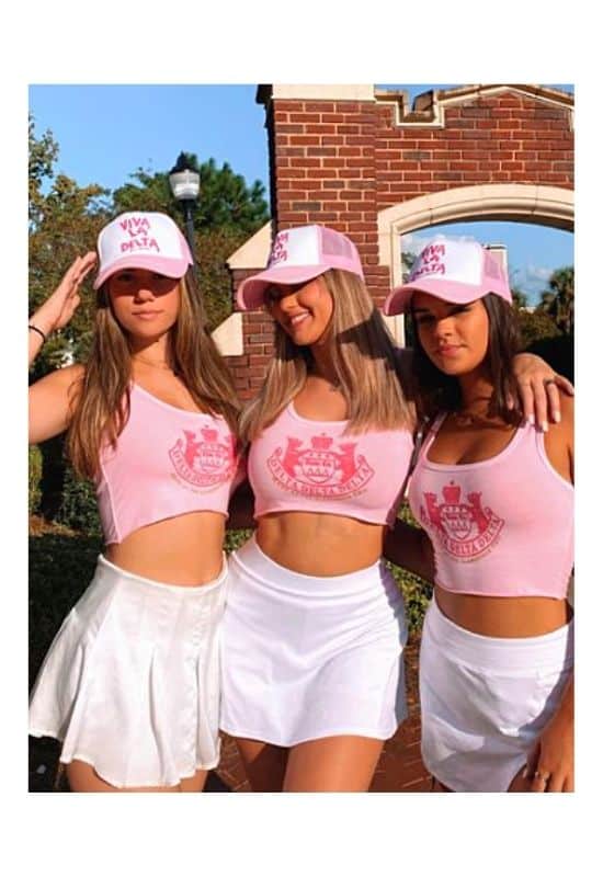 Pink Tank Tops with White Flared Skirts — Classy Sorority Outfits