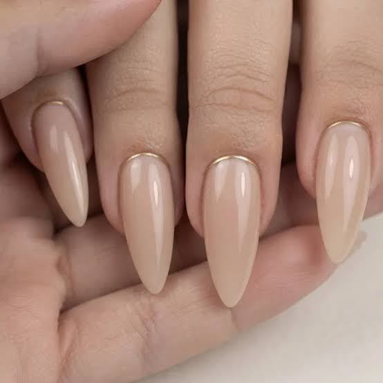 Glossy Nude Stiletto with Thin Gold Edge Line — Classy Stiletto Nails