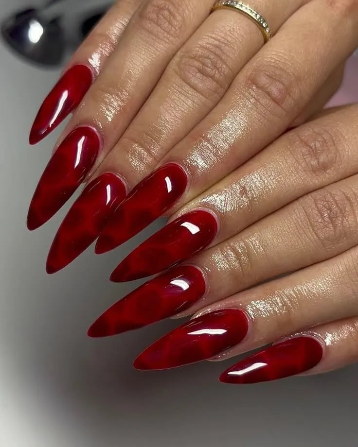 Deep Red Stiletto with Darker Swirl Patterns — Classy Stiletto Nails
