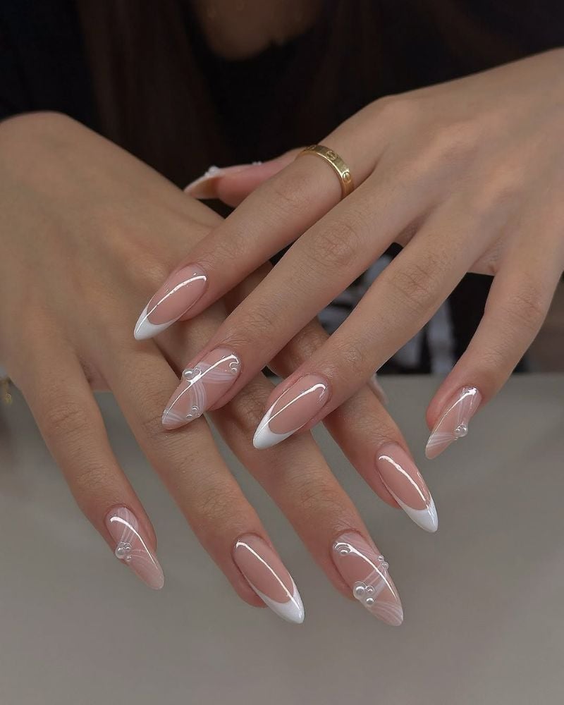 Nude Stiletto with White French Tips and Pearl Accents — Classy Stiletto Nails