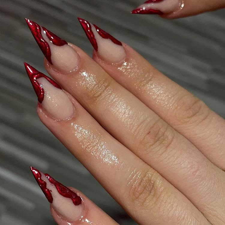 Sheer Pink Stiletto with Metallic Red French Tips, Extra-Long — Classy Stiletto Nails