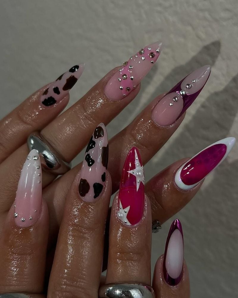 Stiletto with Pink Gradient, Cow Print, and Geometric Art — Classy Stiletto Nails