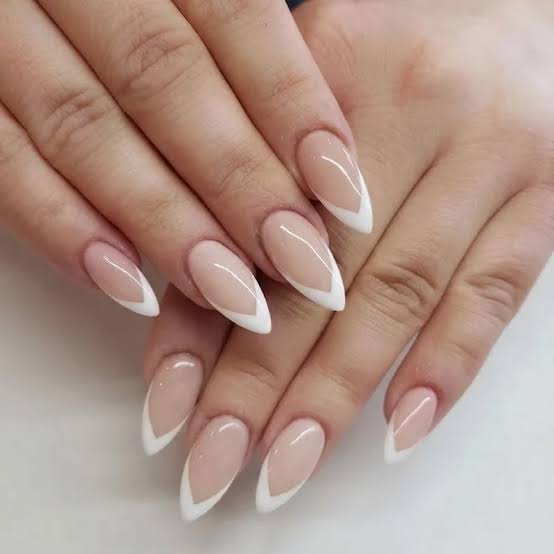 Nude Base Stiletto with Sharp White French Tips — Classy Stiletto Nails