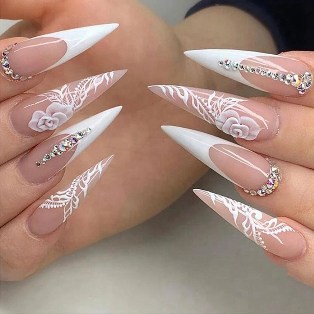 Nude Stiletto with White Lace Art and Rhinestones — Classy Stiletto Nails
