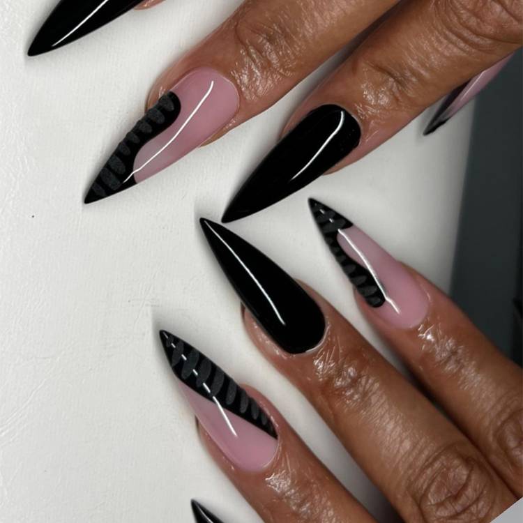 Black and Nude Pink Stiletto with Gray Stripes — Classy Stiletto Nails