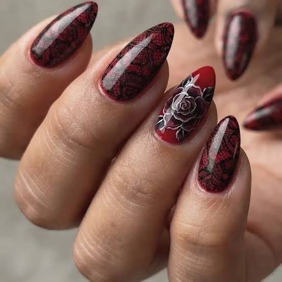 Medium Red Stiletto with Black Lace and Rose Art — Classy Stiletto Nails