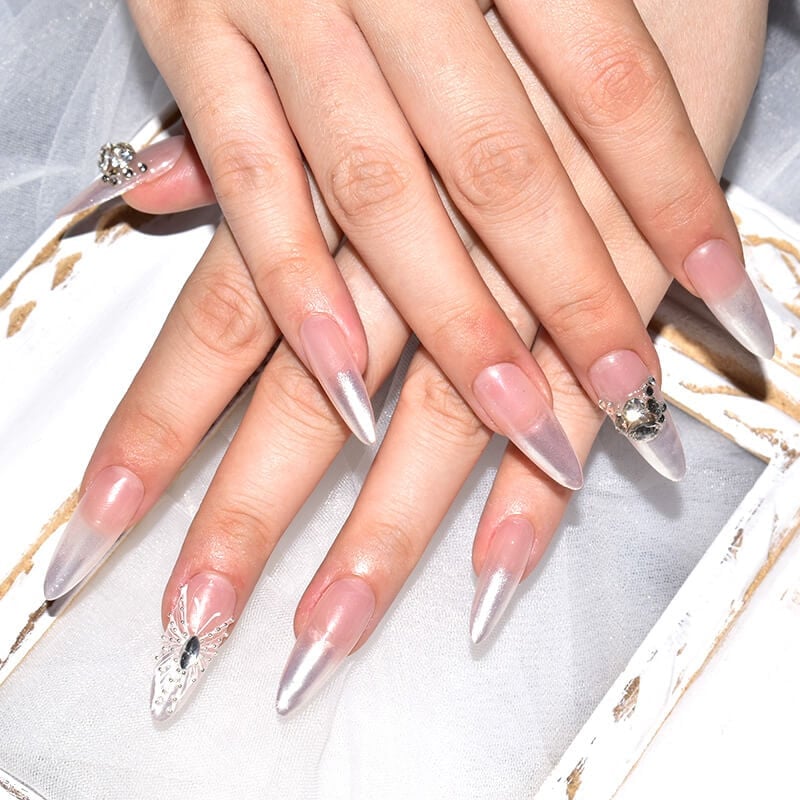Extra Long Nude Stiletto with Pearlescent Shimmer and Butterfly — Classy Stiletto Nails