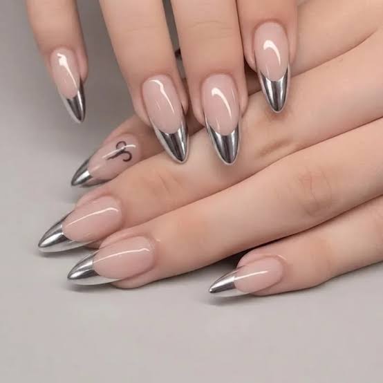 Sheer Nude Stiletto Chrome French Tips — Classy Stiletto Nails