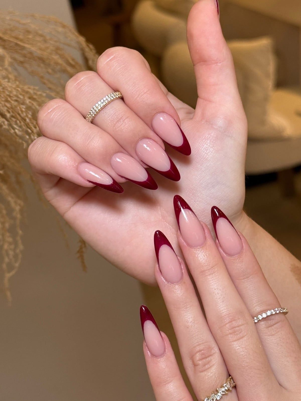 Sheer Pink Stiletto Deep Red French Tips — Classy Stiletto Nails