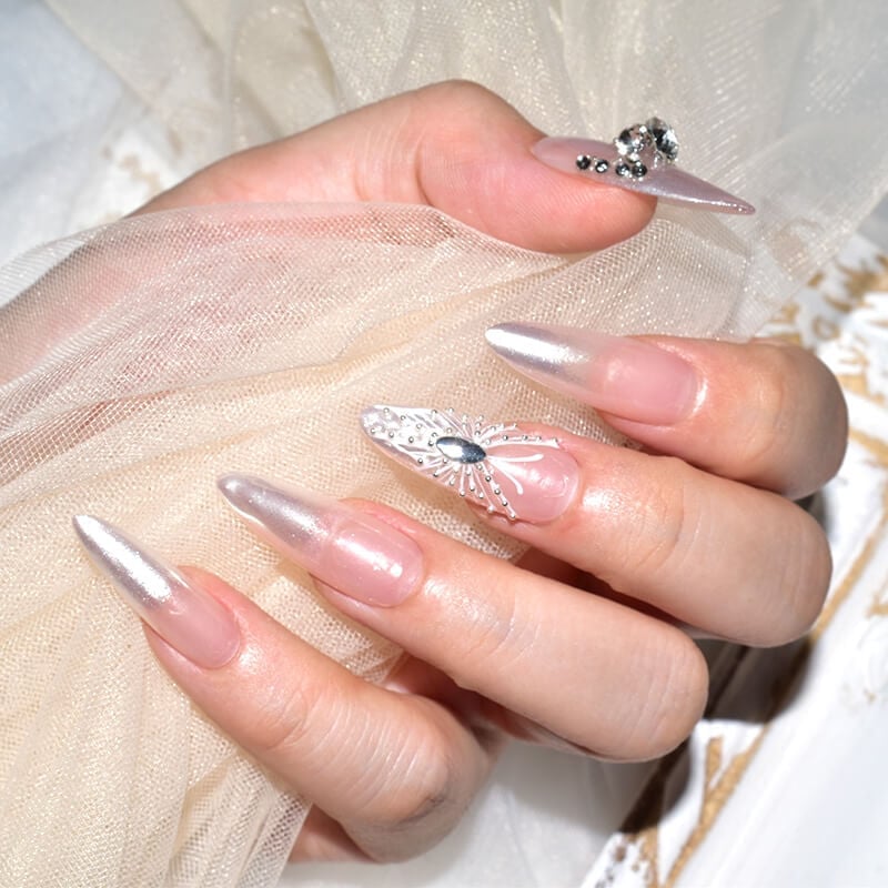 Sheer Pink Stiletto with Shimmering Chrome Accents — Classy Stiletto Nails