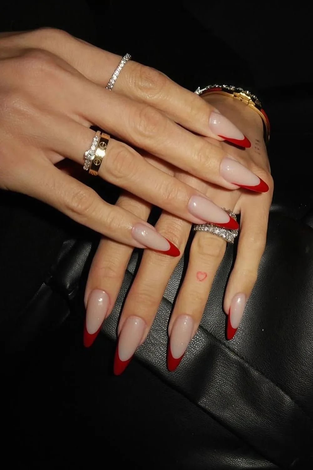 Dusty Rose Stiletto with Gold Stripes and Rhinestones — Classy Stiletto Nails