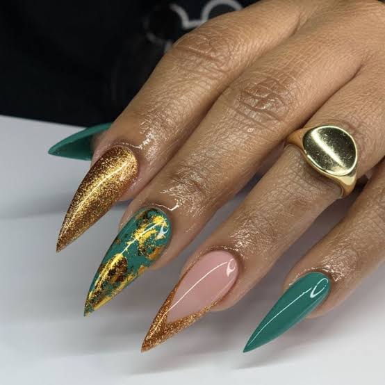 Teal and Pink Stiletto with Gold Glitter and Foil — Classy Stiletto Nails