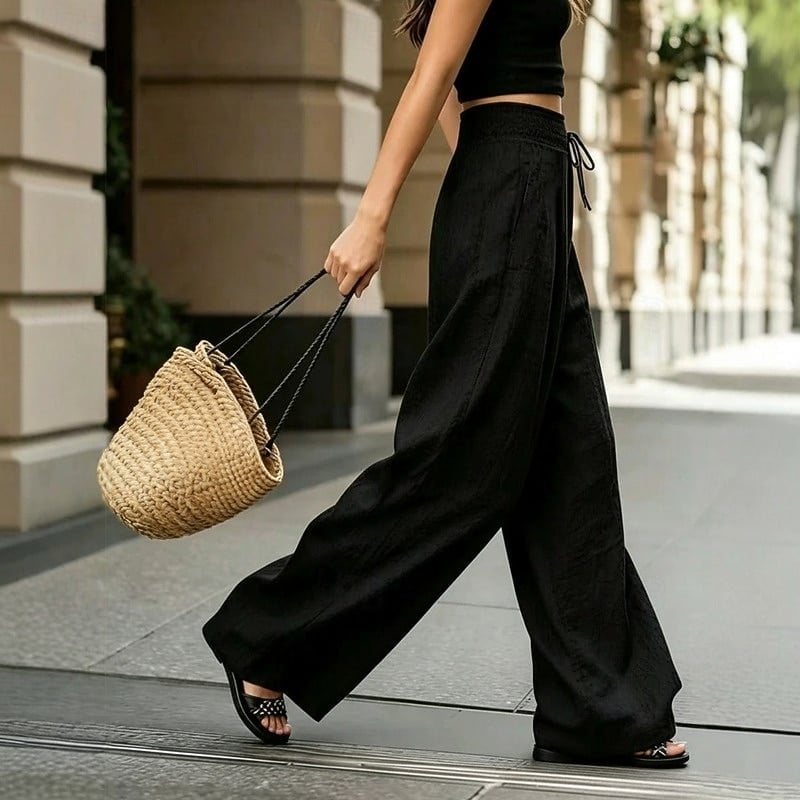 Black crop top and linen wide-leg trousers for summer — Classy Streetwear Outfits