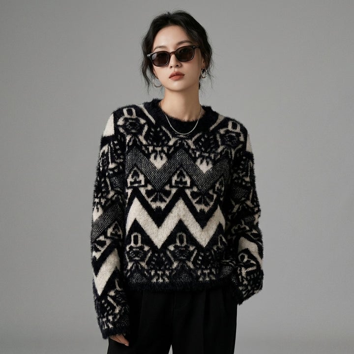 Geometric jacquard knit sweater with black trousers — Classy Streetwear Outfits