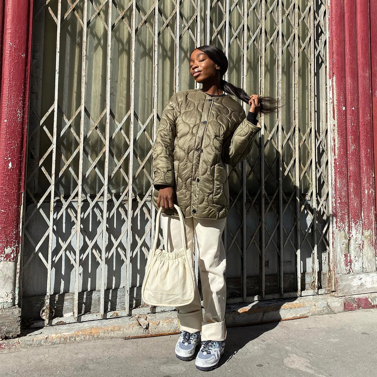 Green quilted jacket with cream wide-leg trousers — Classy Streetwear Outfits