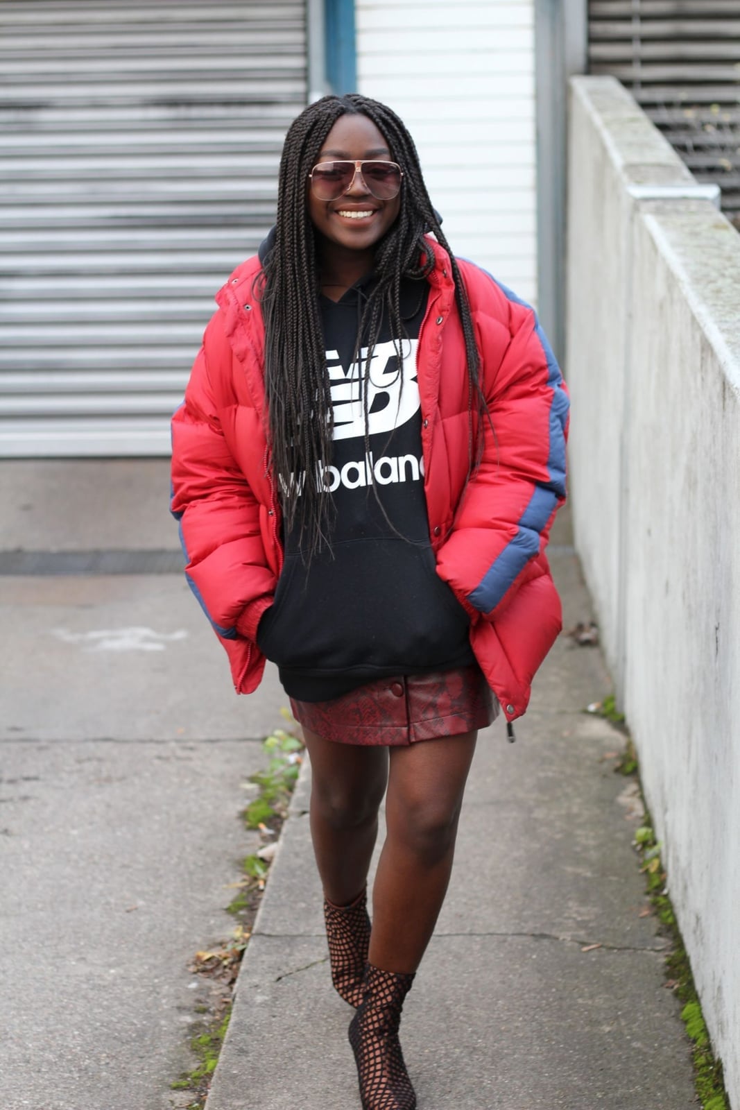 Oversized puffer jacket with mini skirt and mesh boots — Classy Streetwear Outfits