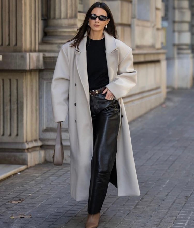 Cream wool coat over leather trousers for an elevated streetwear — Classy Streetwear Outfits