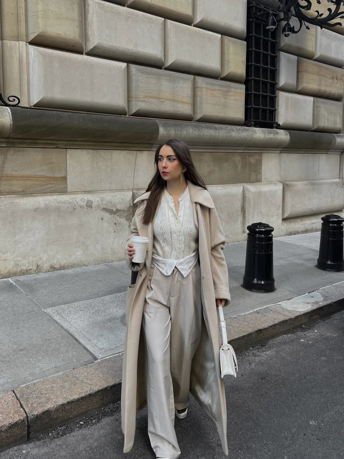 Beige trench coat with lace blouse and wide-leg trousers — Classy Streetwear Outfits