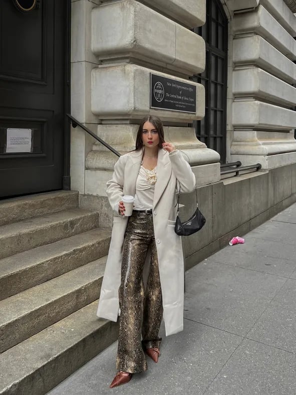 Oversized wool coat with patent snakeskin trousers — Classy Streetwear Outfits