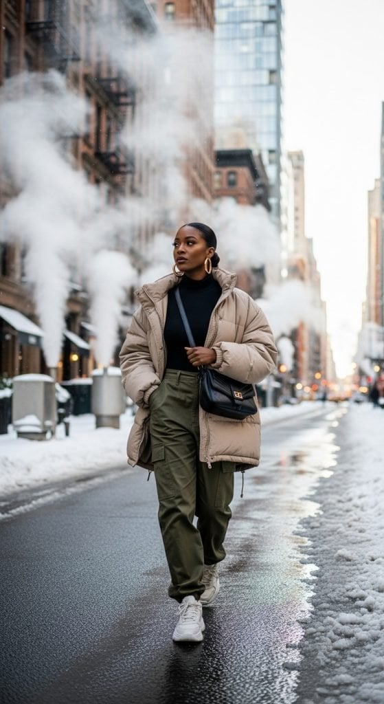 Beige puffer coat over turtleneck and cargo pants for cold weather — Classy Streetwear Outfits