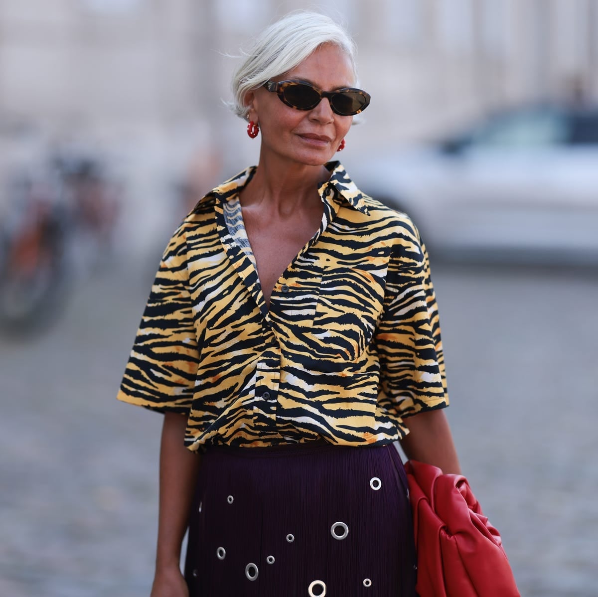 Tiger print shirt with purple textured skirt for a casual outing — Classy Streetwear Outfits