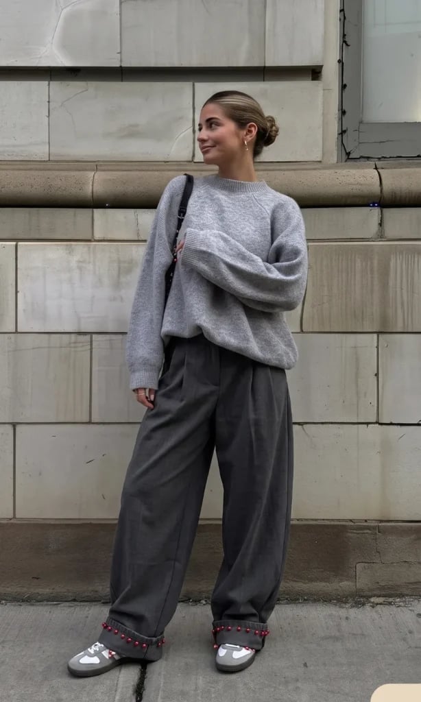 Gray Wide Leg Trousers With Oversized Gray Knit, Office-Safe Version Gray Wide Leg Trousers With Oversized Gray Knit, Office-Safe Version — Classy Sweatpants Outfits