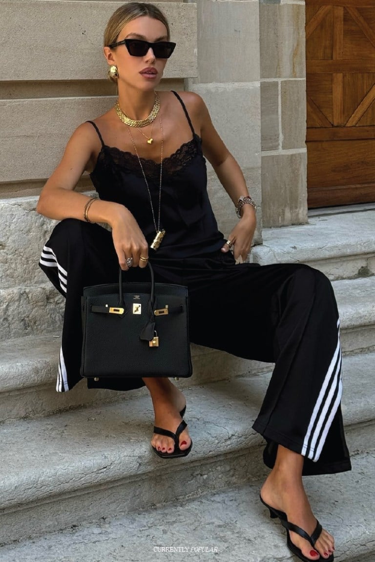 Black Velvet Wide-Leg Sweatpants With Lace Trim Camisole Black Velvet Wide-Leg Sweatpants With Lace Trim Camisole — Classy Sweatpants Outfits